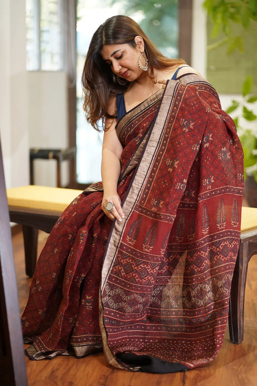 Ajrakh Hand Block Printed Linen Saree