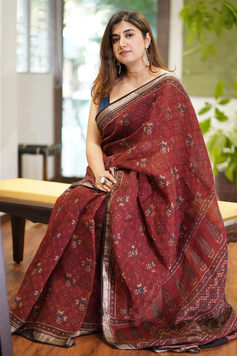 Ajrakh Hand Block Printed Linen Saree