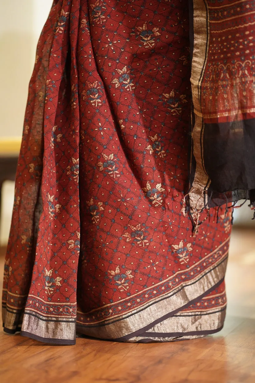 Ajrakh Hand Block Printed Linen Saree