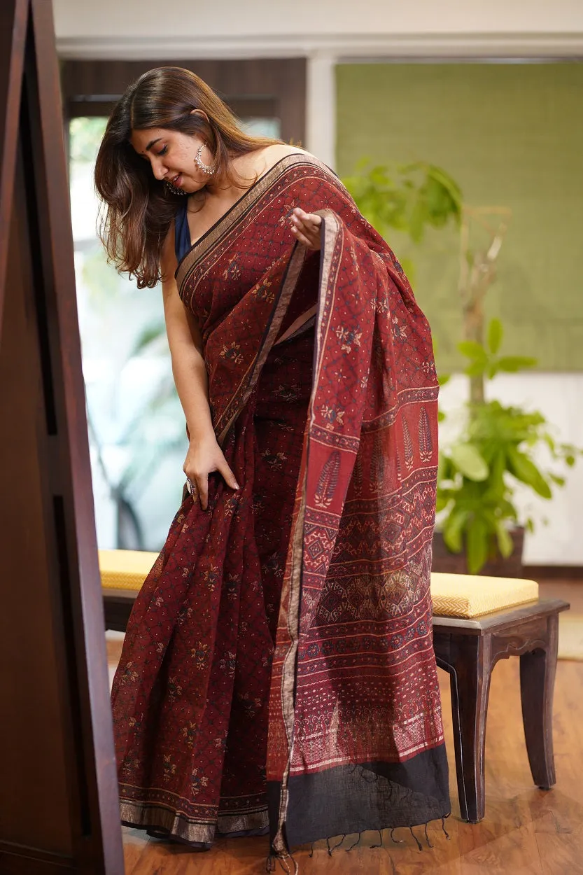 Ajrakh Hand Block Printed Linen Saree