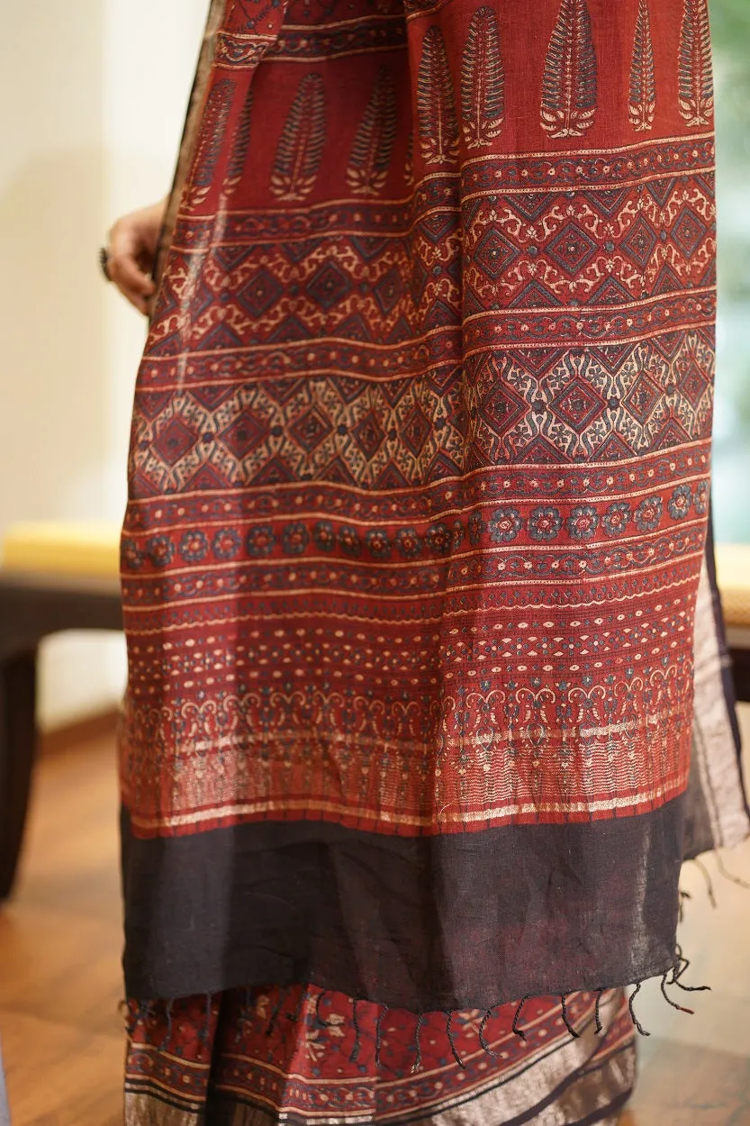 Ajrakh Hand Block Printed Linen Saree