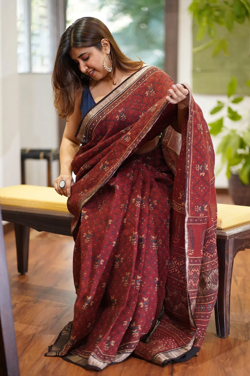 Ajrakh Hand Block Printed Linen Saree