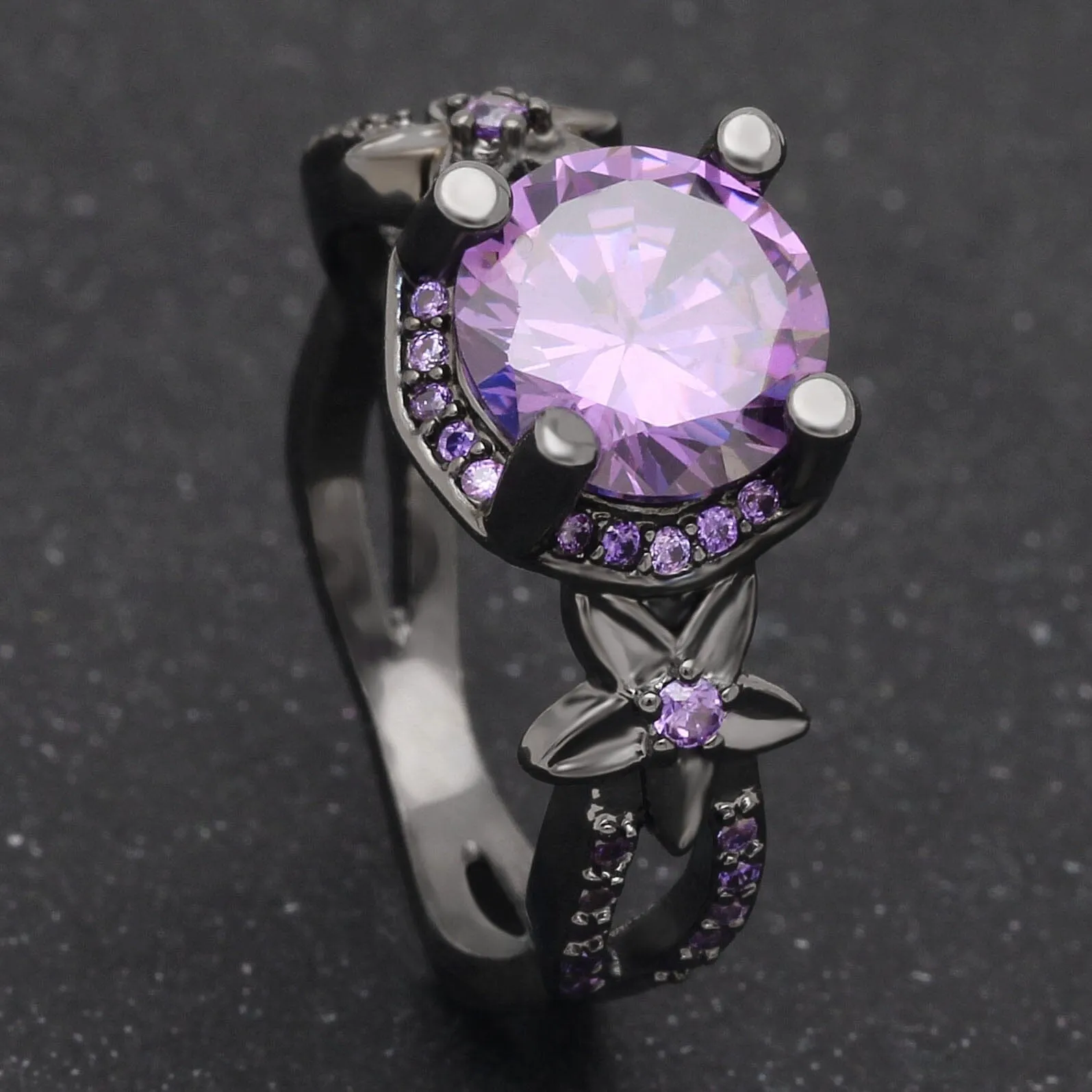 Amethyst Flower Black Gold Color Ring