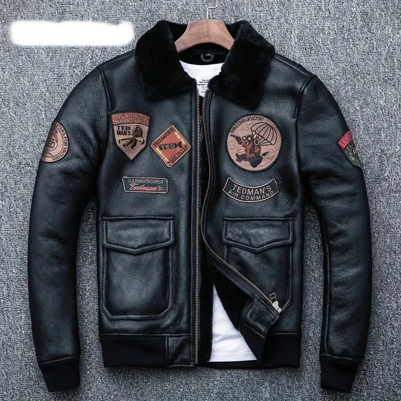 Aviator Black Leather Jacket Integrated Embroidery