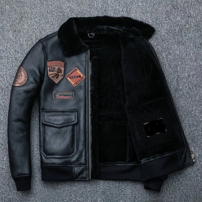 Aviator Black Leather Jacket Integrated Embroidery