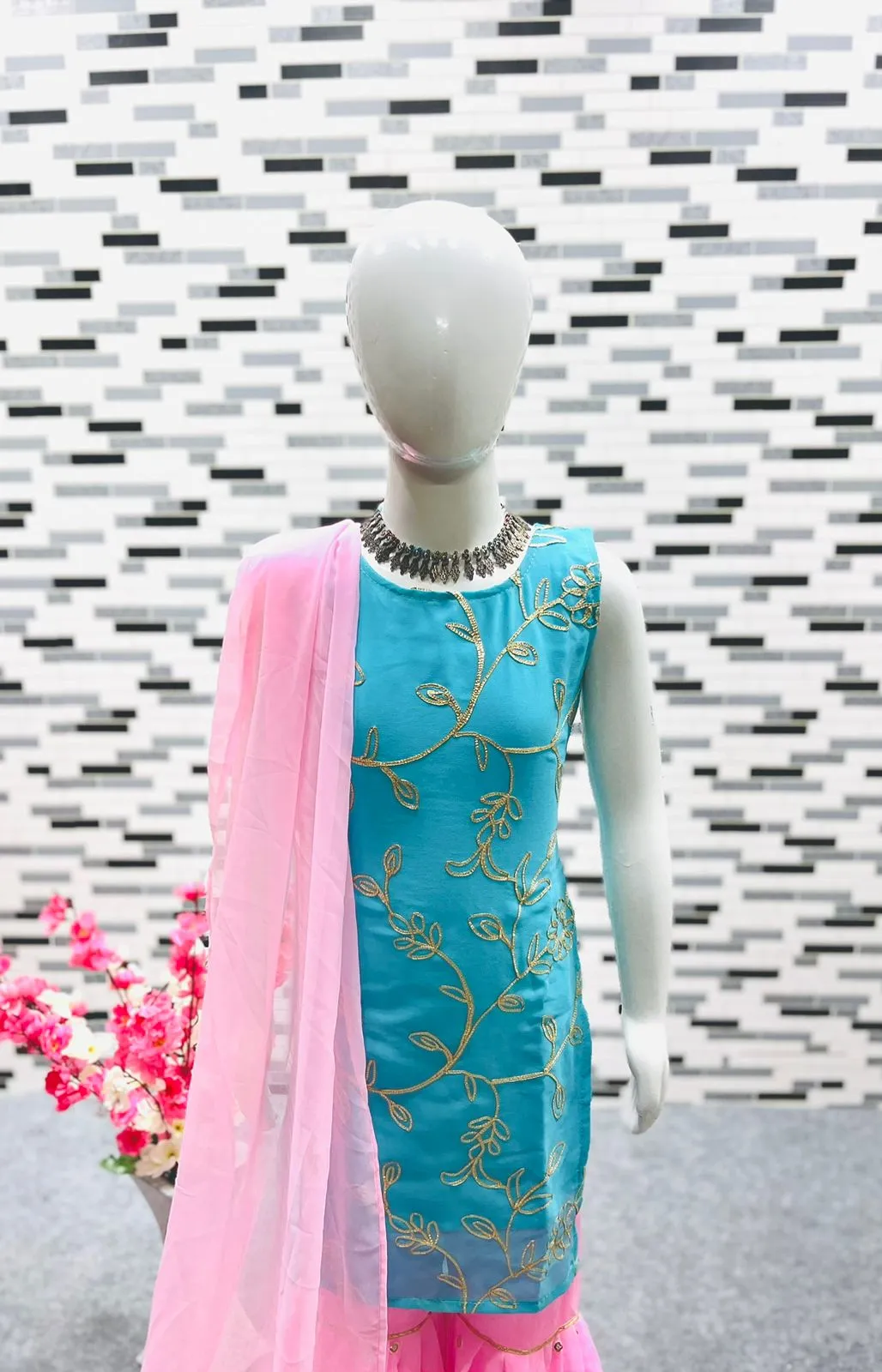 Beautiful Kid Girl Designer Party wear Kurti Sharara with Dupatta Suit