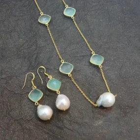 Beautiful Pearl & Aqua Chalcedony 925 Sterling Silver With Gold Plated Necklace With Earrings