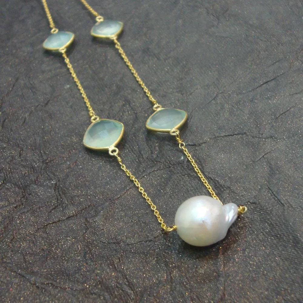 Beautiful Pearl & Aqua Chalcedony 925 Sterling Silver With Gold Plated Necklace With Earrings