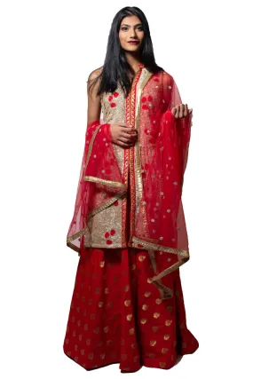 Beige And Red Elegant Lehenga Set - Rent