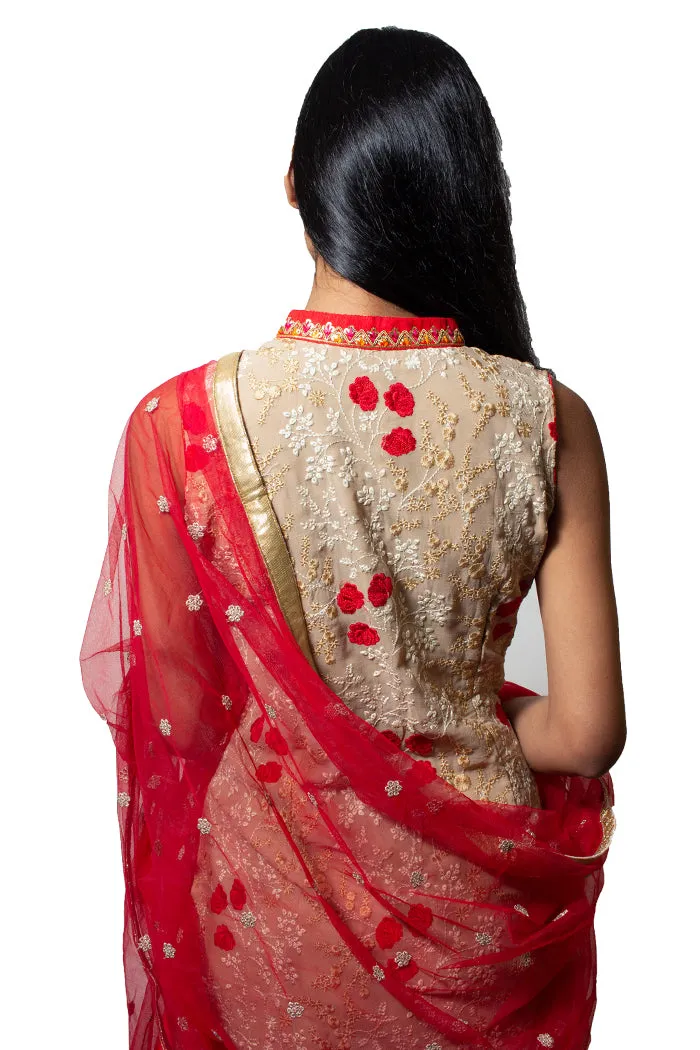 Beige And Red Elegant Lehenga Set - Rent