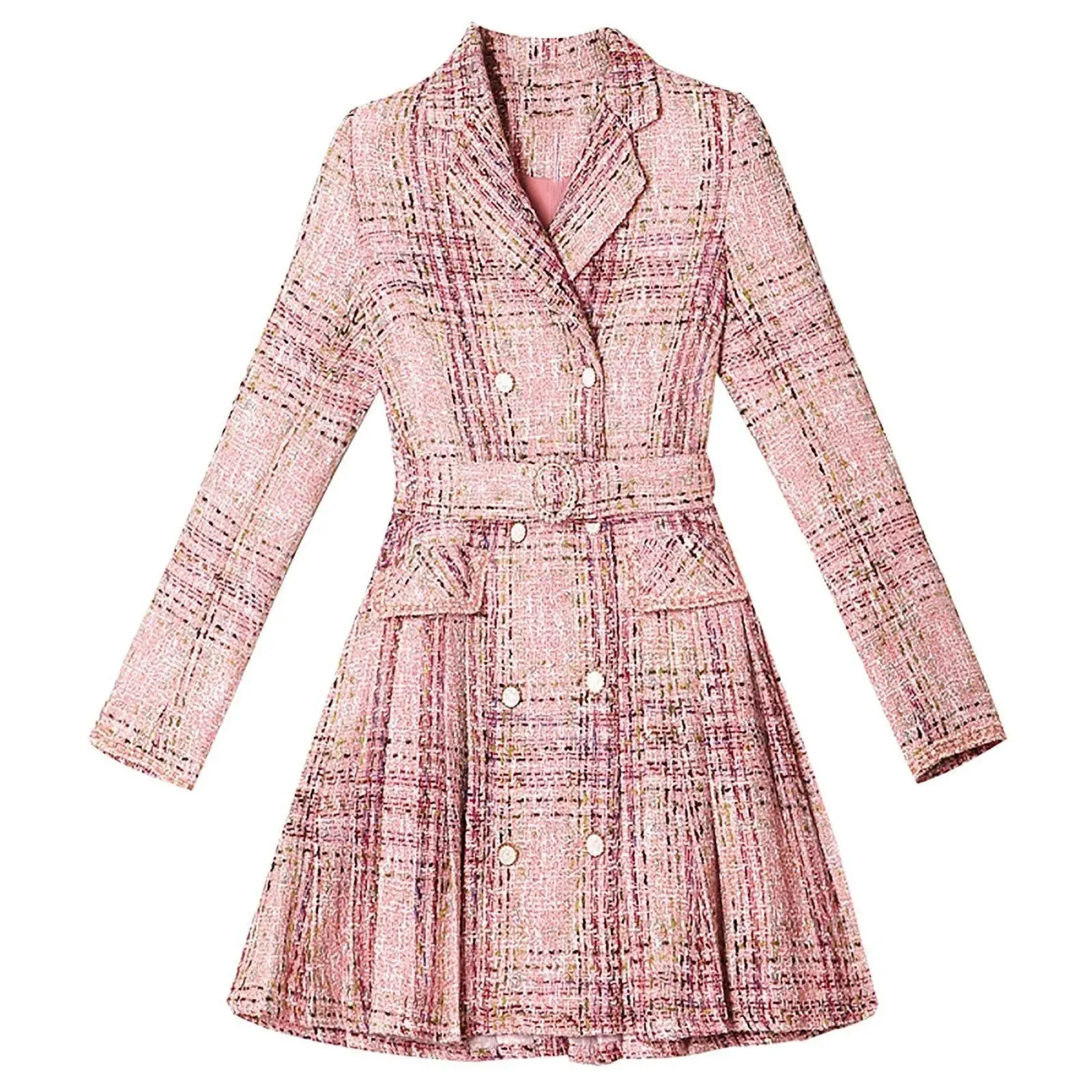 Belted Fit & Flare Tweed Mini Blazer Pleated Dress