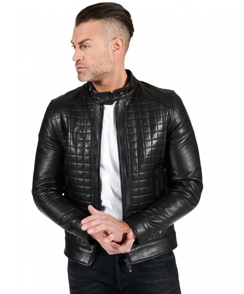 Black nappa lamb leather biker jacket checked quilted