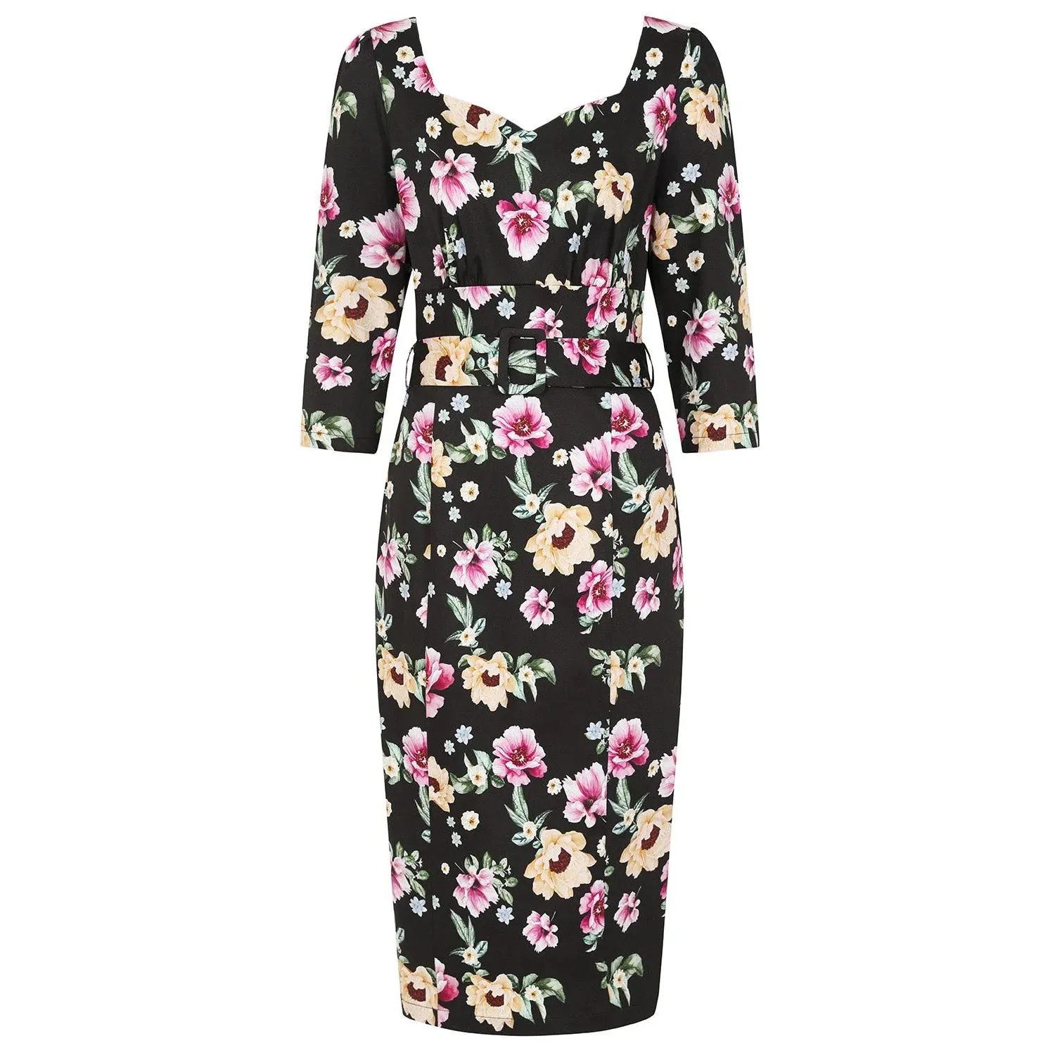 Black Pink Floral Wiggle Dress with Belt & Cut-out Neckline