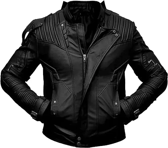 Black Short Collar Biker Genuine Sheepskin Leather Jacket