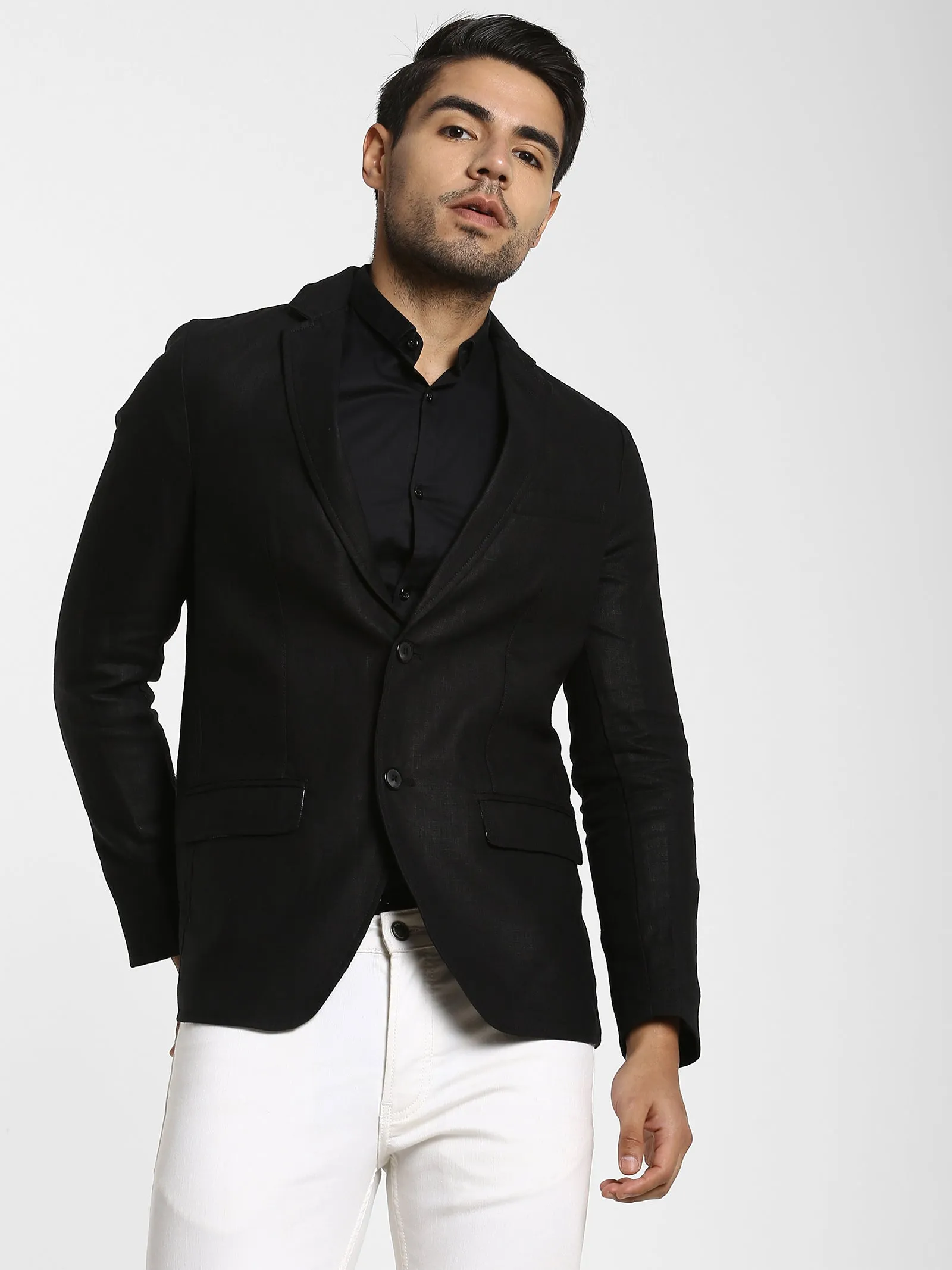 Black Solid Linen Blazer