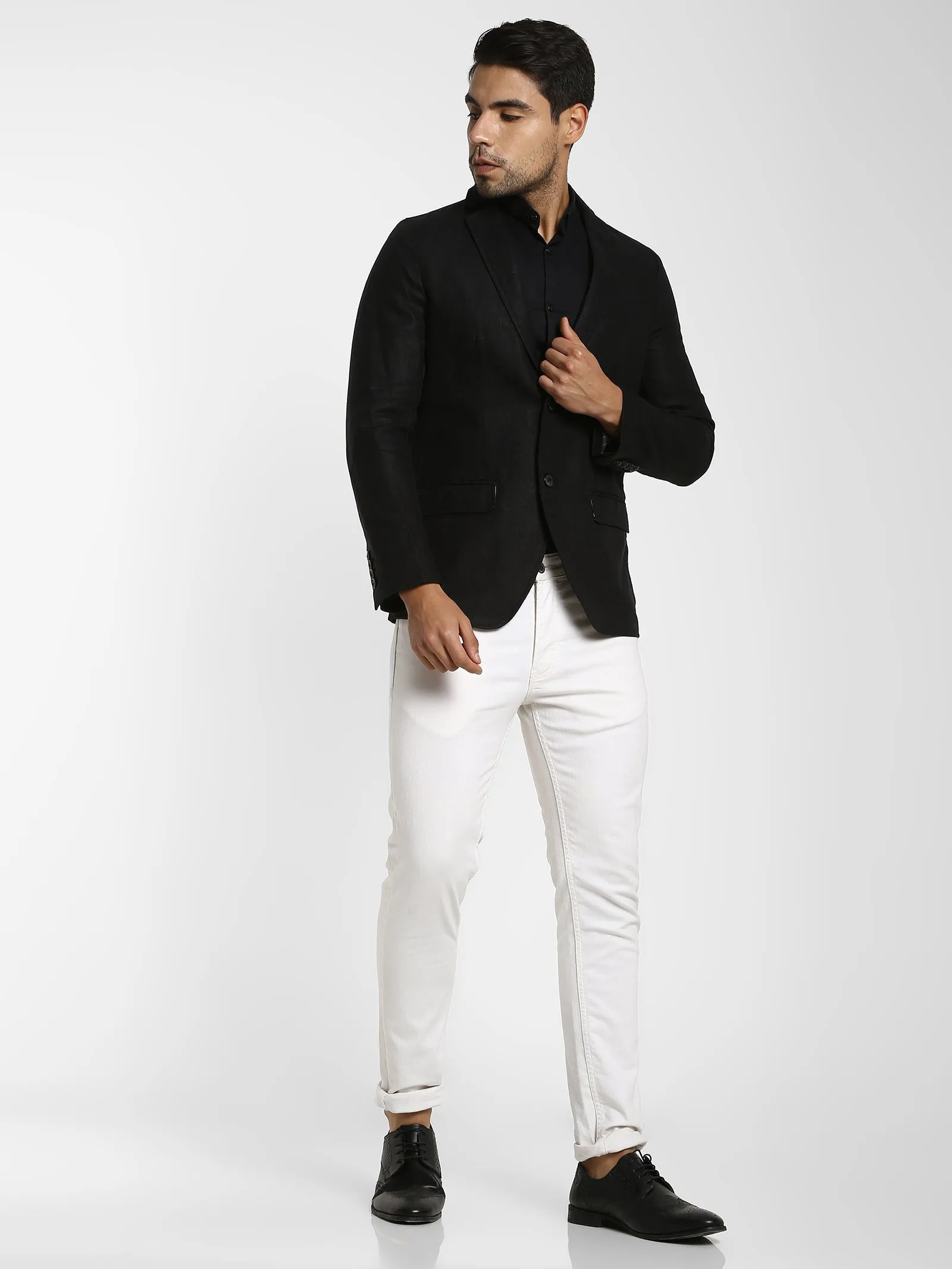 Black Solid Linen Blazer