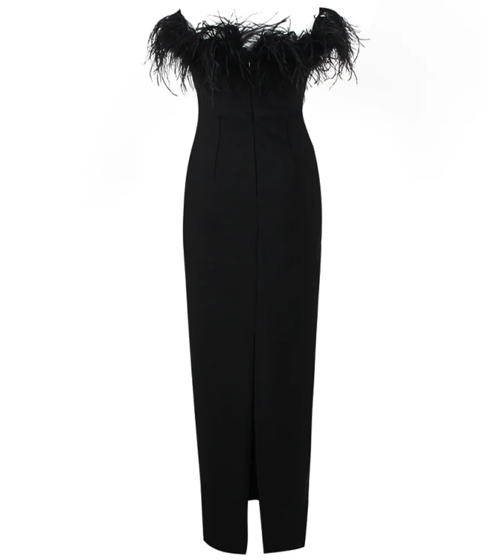 Black Strapless Feathers Dress