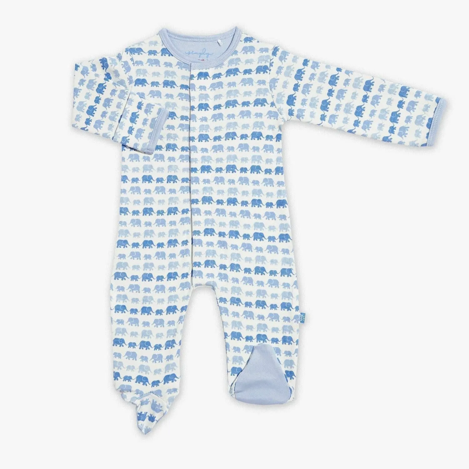 blue dancing elephants organic cotton magnetic footie