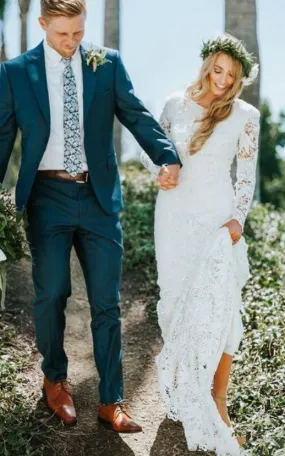 Bohemian Modern Sheath Lace Jewel Long Sleeve Floor-length Wedding Dress-715974