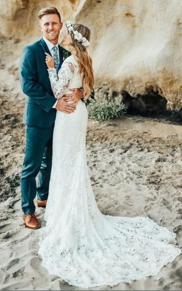 Bohemian Modern Sheath Lace Jewel Long Sleeve Floor-length Wedding Dress-715974