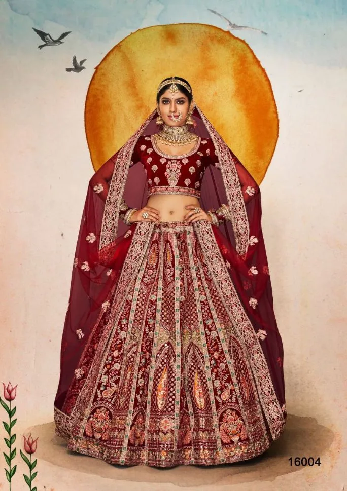 Bridal Wear Maroon Embroidered Net Lehenga - Rent