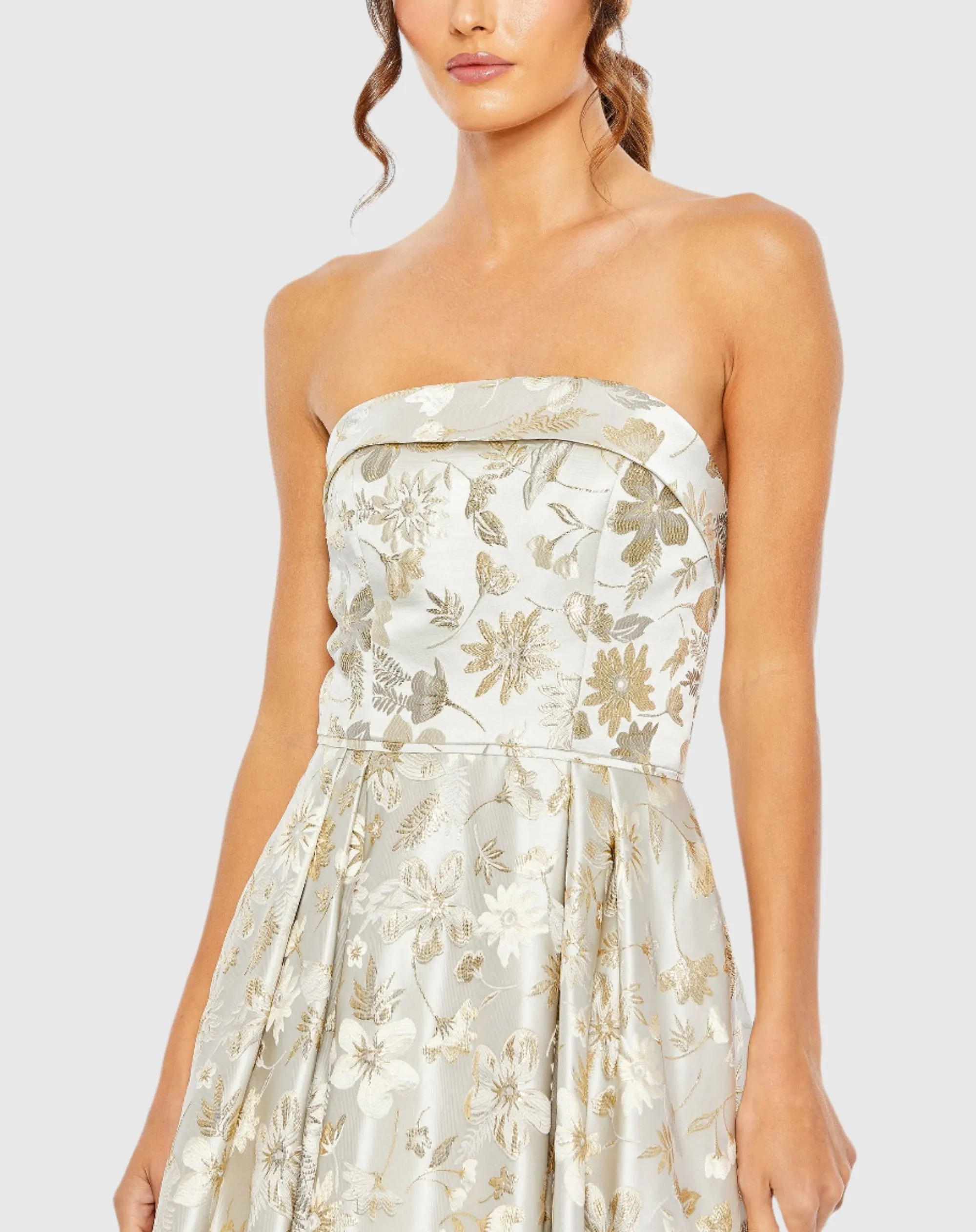 Brocade Strapless Golden Floral High Low Gown