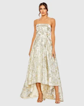 Brocade Strapless Golden Floral High Low Gown