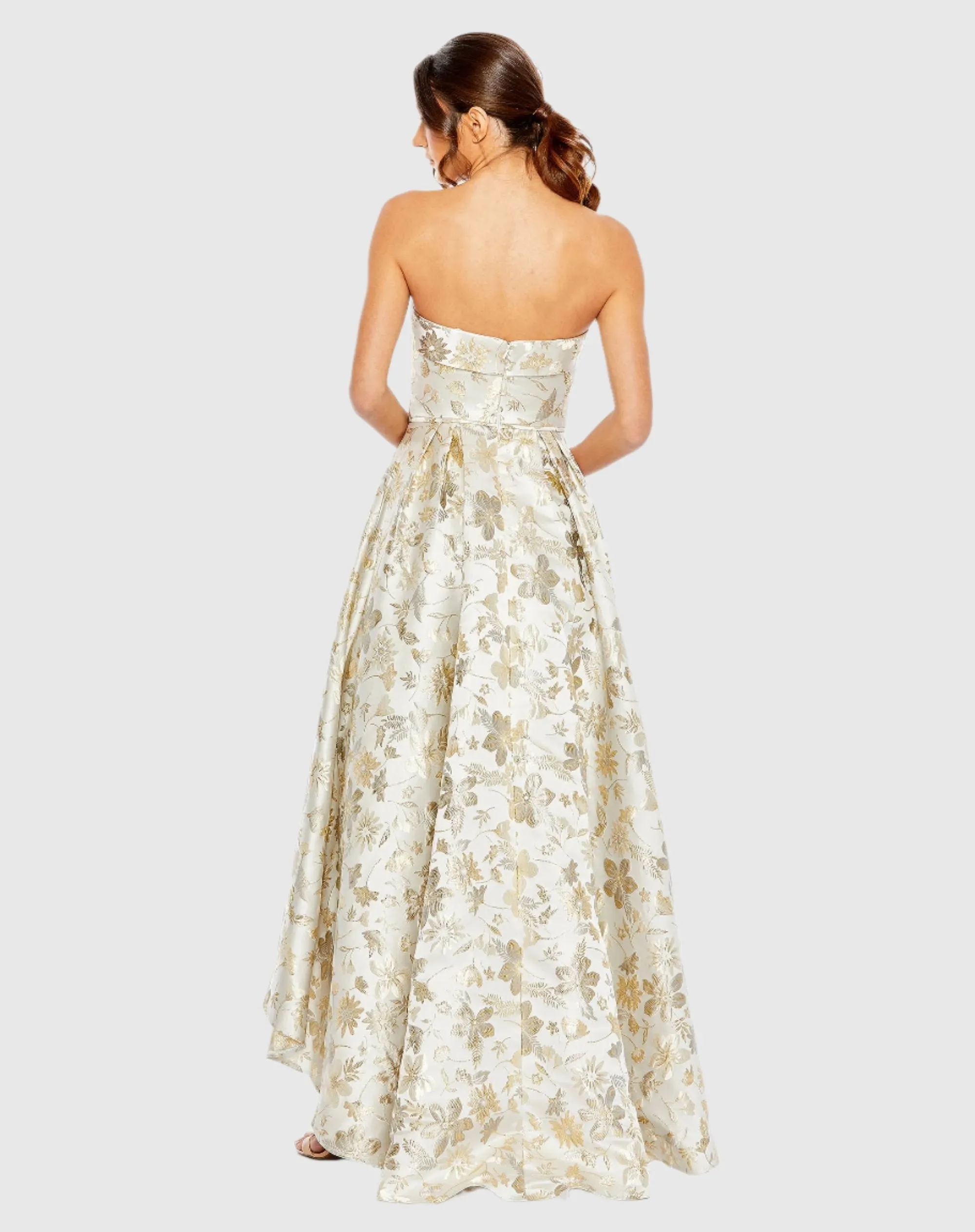 Brocade Strapless Golden Floral High Low Gown