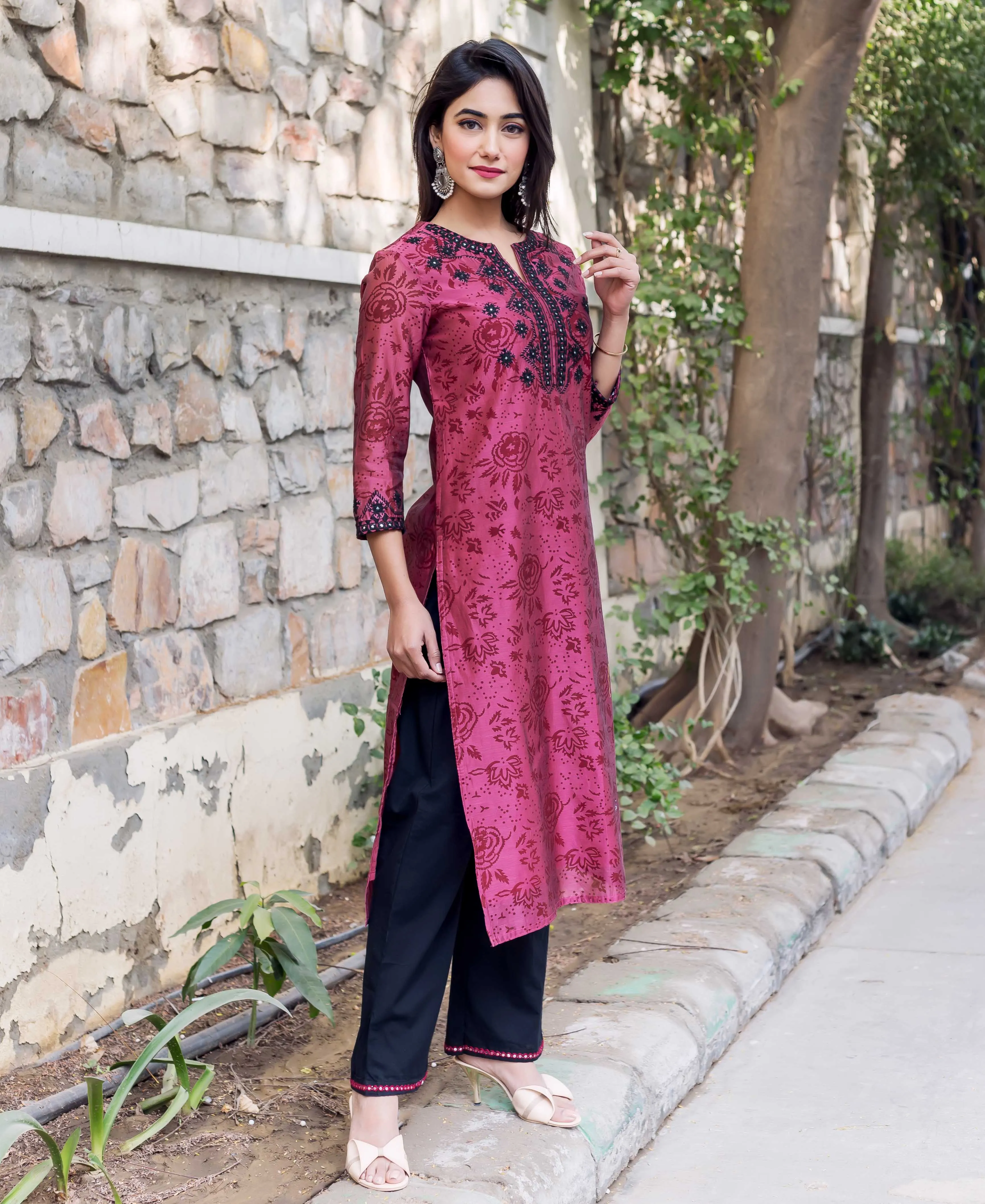 Burgundy Chanderi Block Printed Kurta