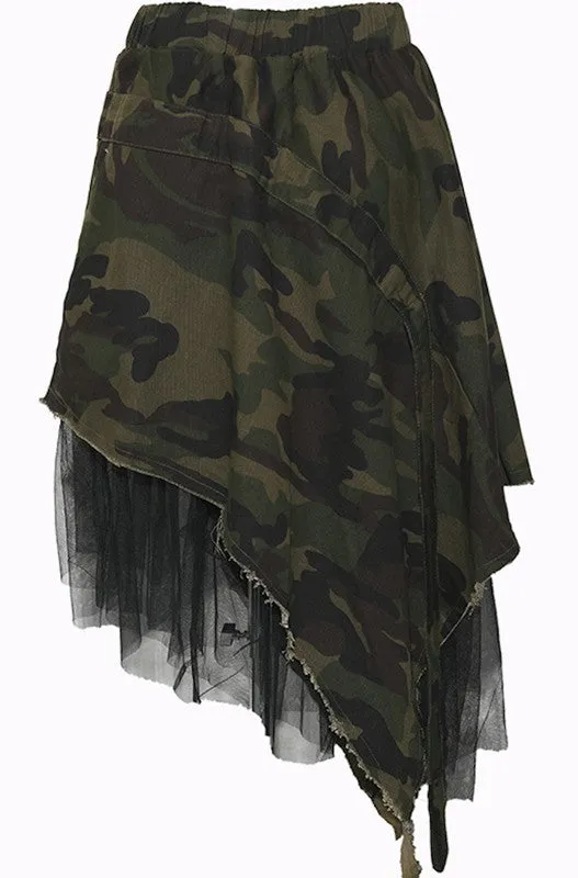 Camo - Tulle Trim Asymmetrical Skirt