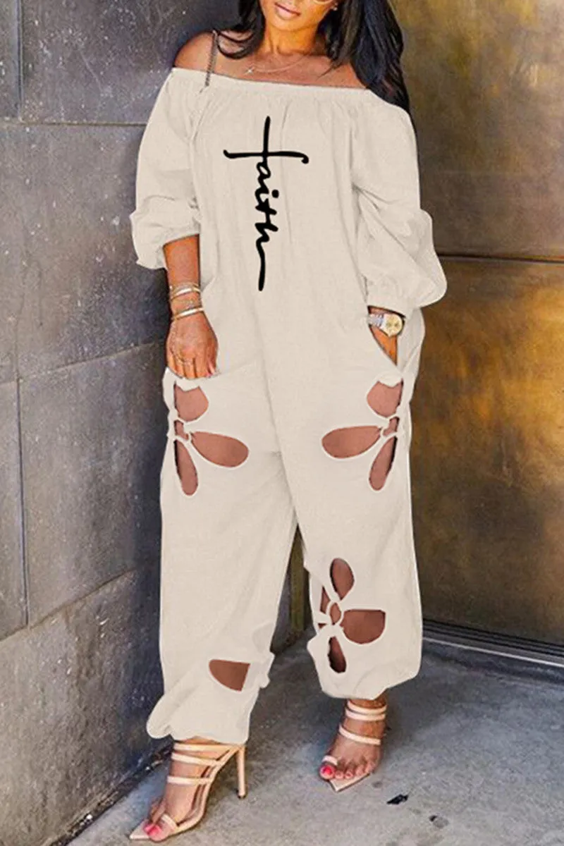 Casual Basis Mixed Printing Printing Off the Shoulder Loose Jumpsuits