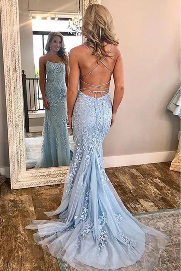 Chic Trumpet Spaghetti Straps With Lace Appliques Light Blue Prom Dresses