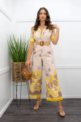 Chiffon Short Sleeve Belted Wide Leg Jumpsuit