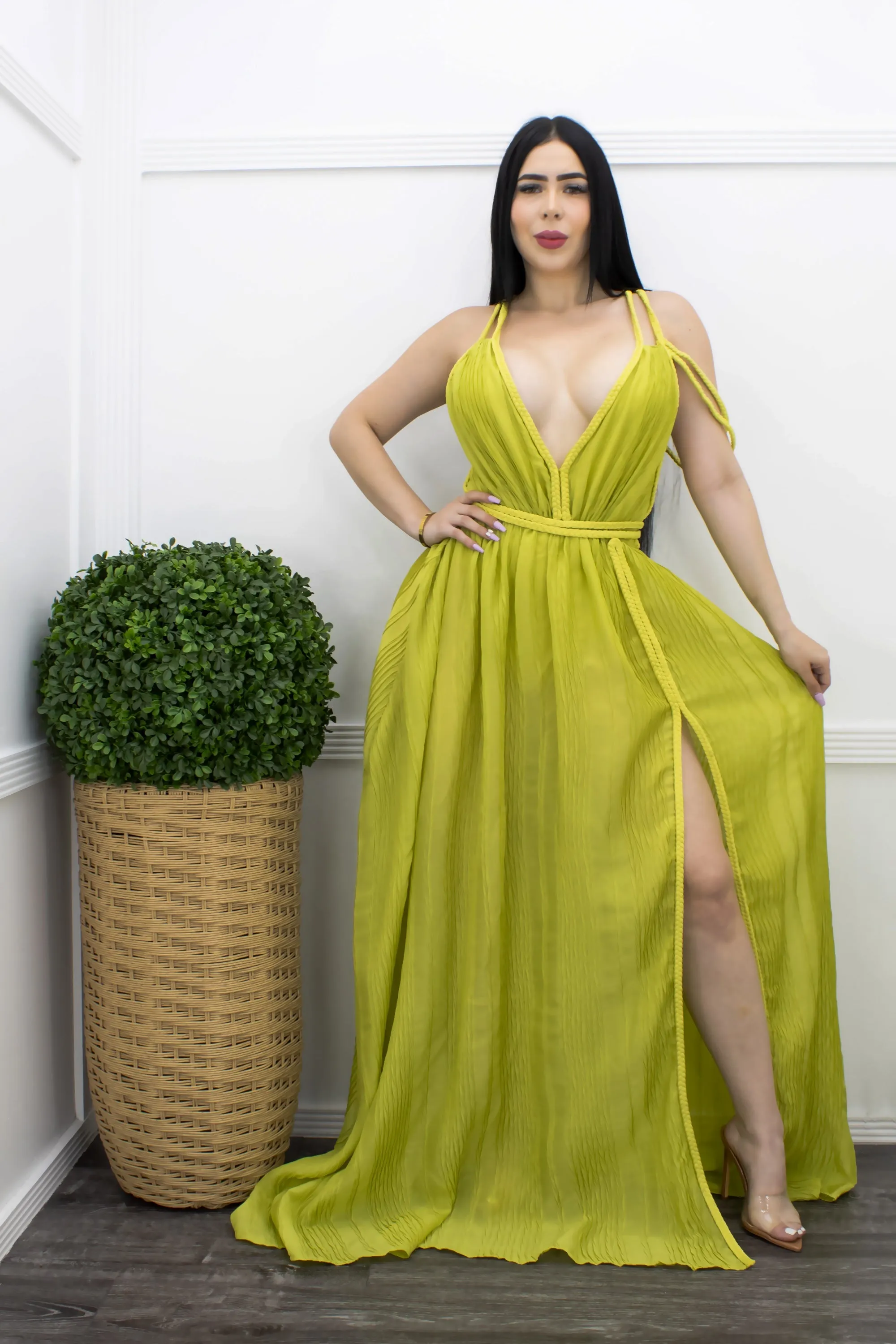 Classy Chiffon Slit Belted Maxi Dress Green