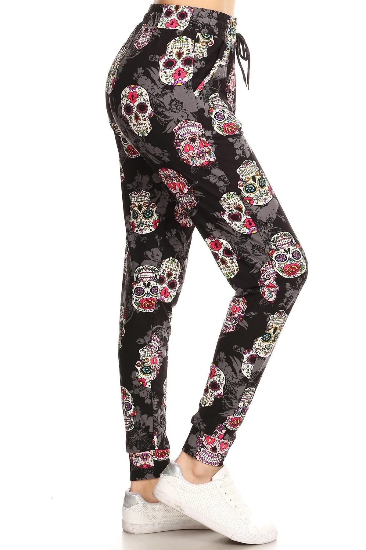 Colored Sugar Skull Print Soft Lounge Jogger Pants