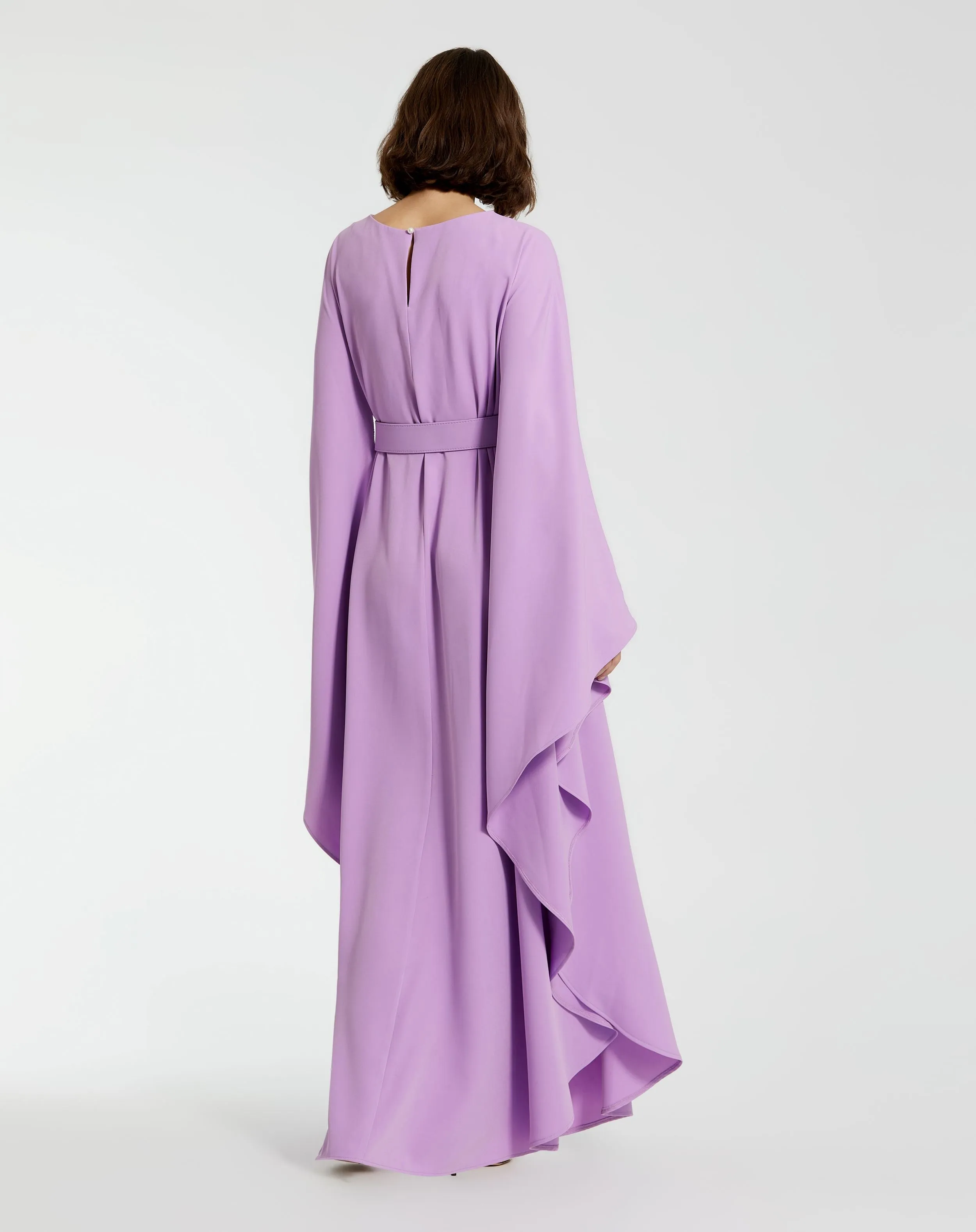 Crepe Boat Neck Shawl Gown With Belt