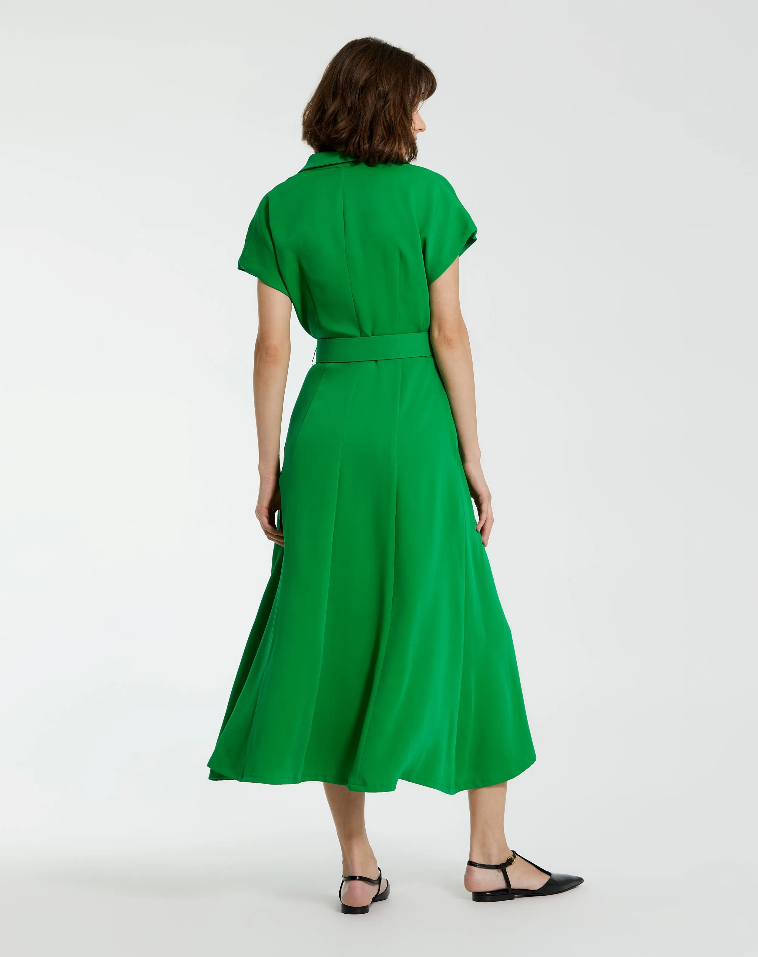 Crepe Collared Short Sleeve Midi Dress With Belt