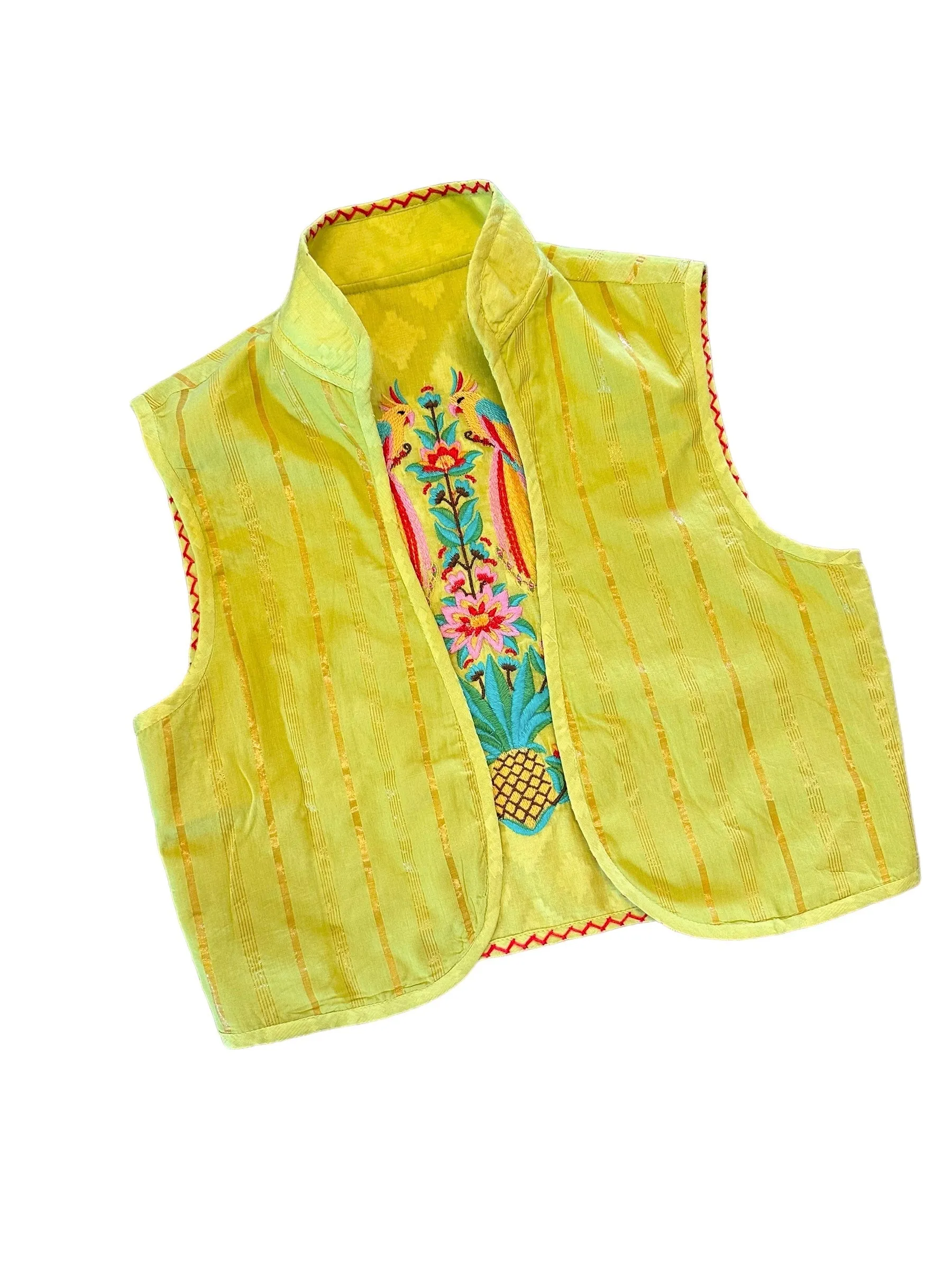 Cumin Vest Parrot Embroidery on Lime Jacquard by Nimo