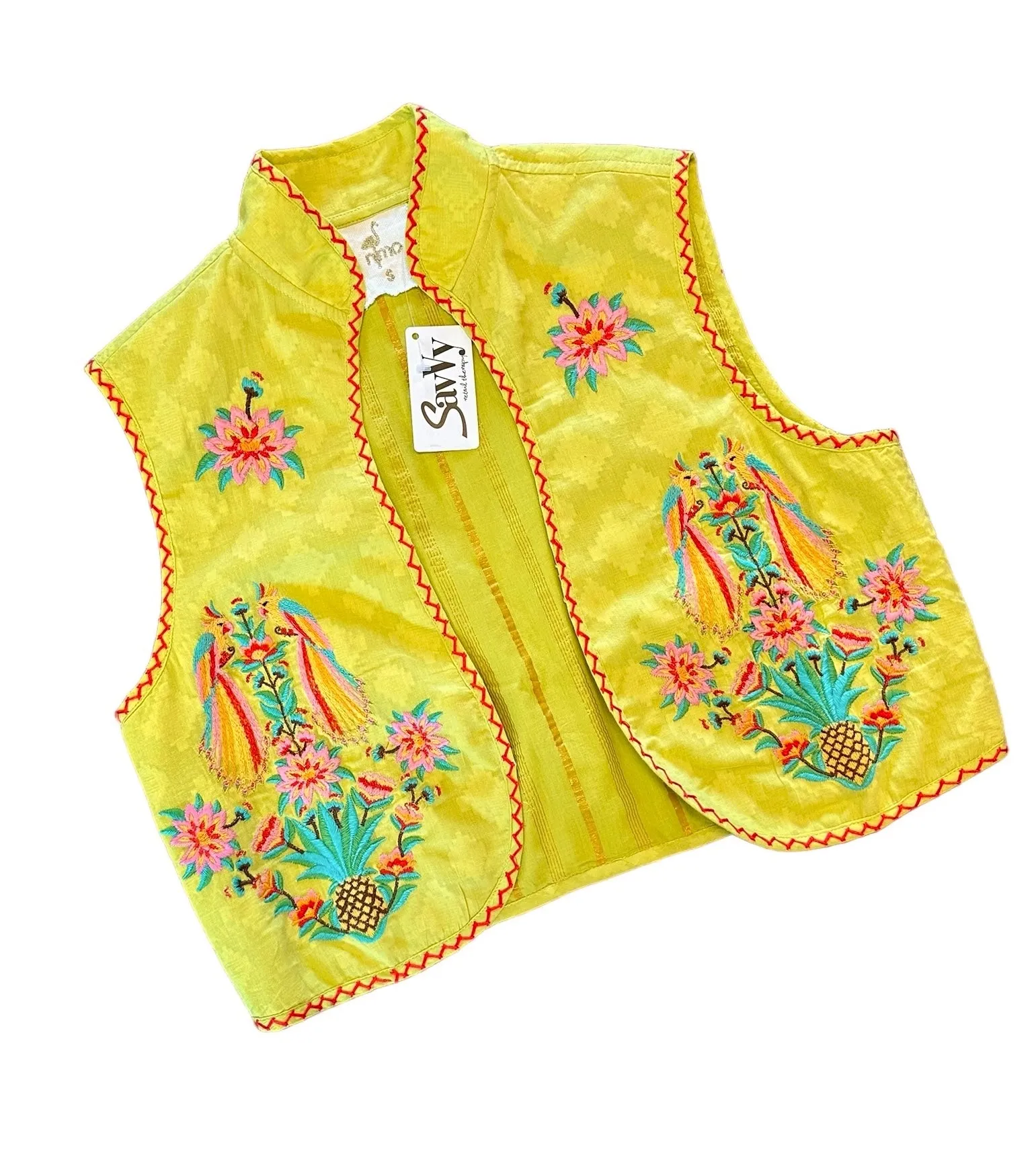 Cumin Vest Parrot Embroidery on Lime Jacquard by Nimo