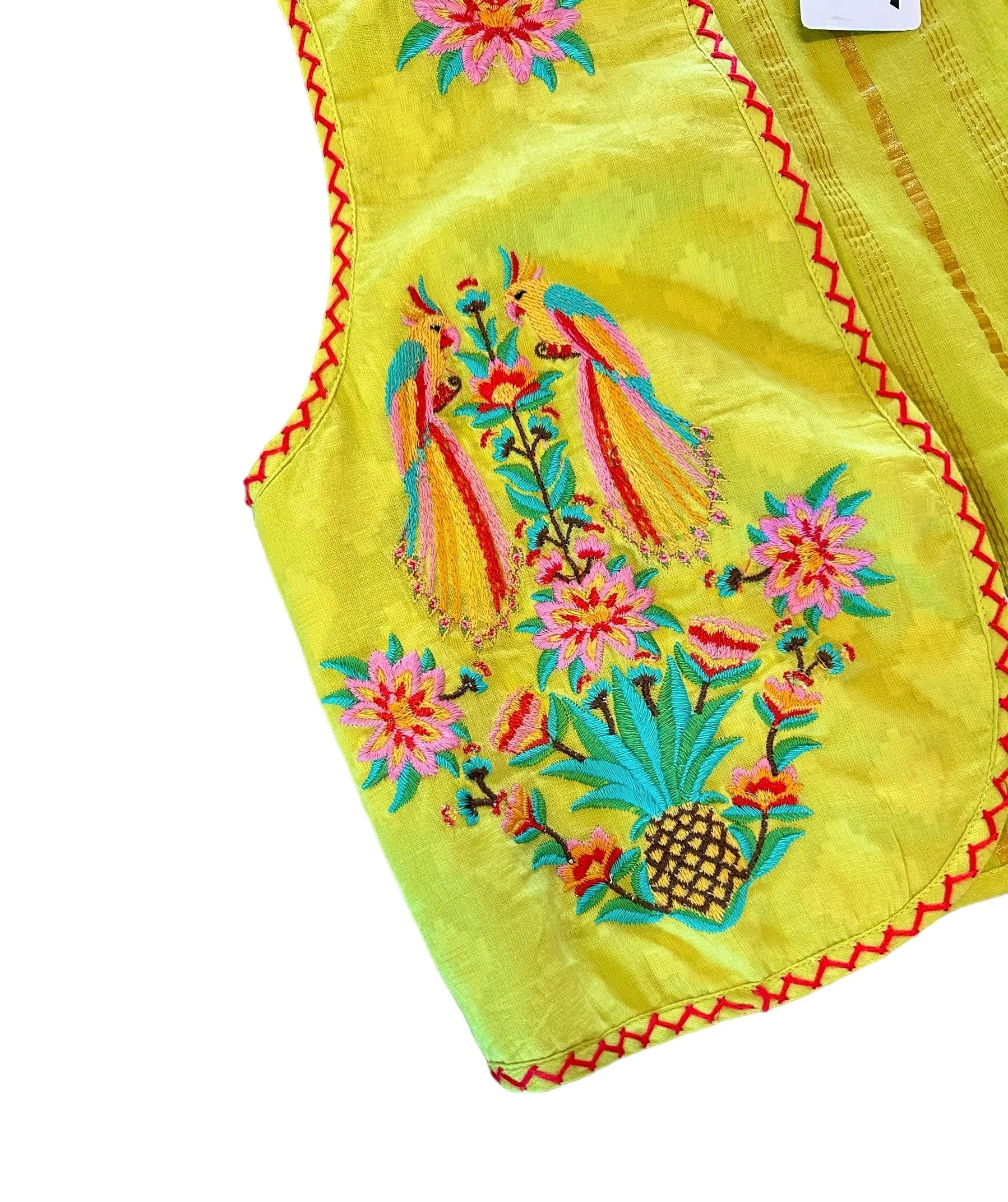 Cumin Vest Parrot Embroidery on Lime Jacquard by Nimo