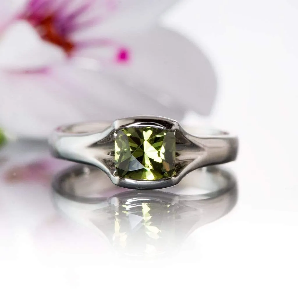 Cushion Cut Australian Green Sapphire Fold Half-Bezel Solitaire Engagement Ring