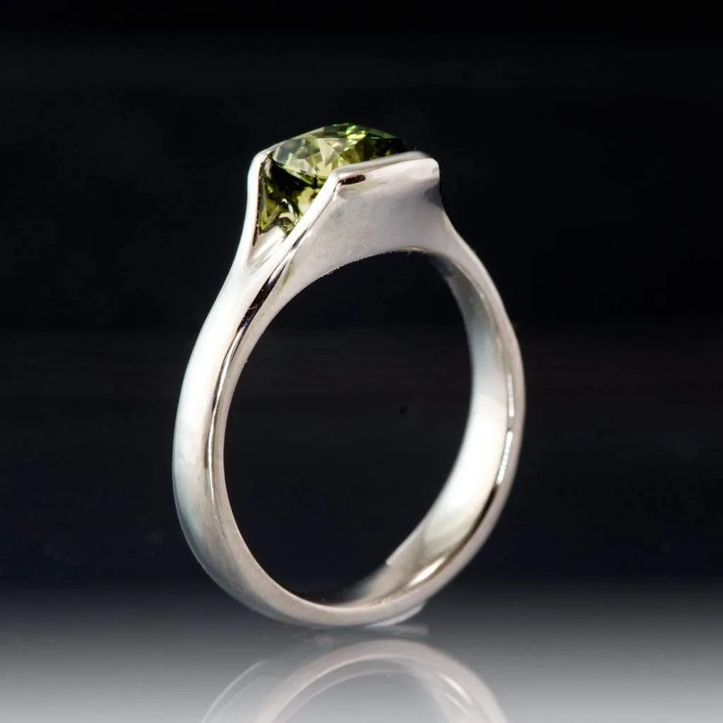 Cushion Cut Australian Green Sapphire Fold Half-Bezel Solitaire Engagement Ring