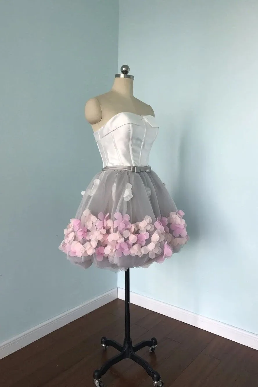 Cute Gray Strapless Tulle Homecoming Dresses with Flowers Short Sweet 16 Dresses STK14971