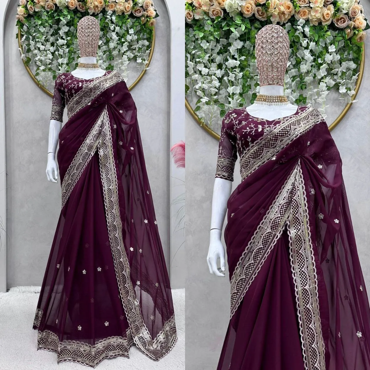 Designer Party Wear Wine Women's Saree