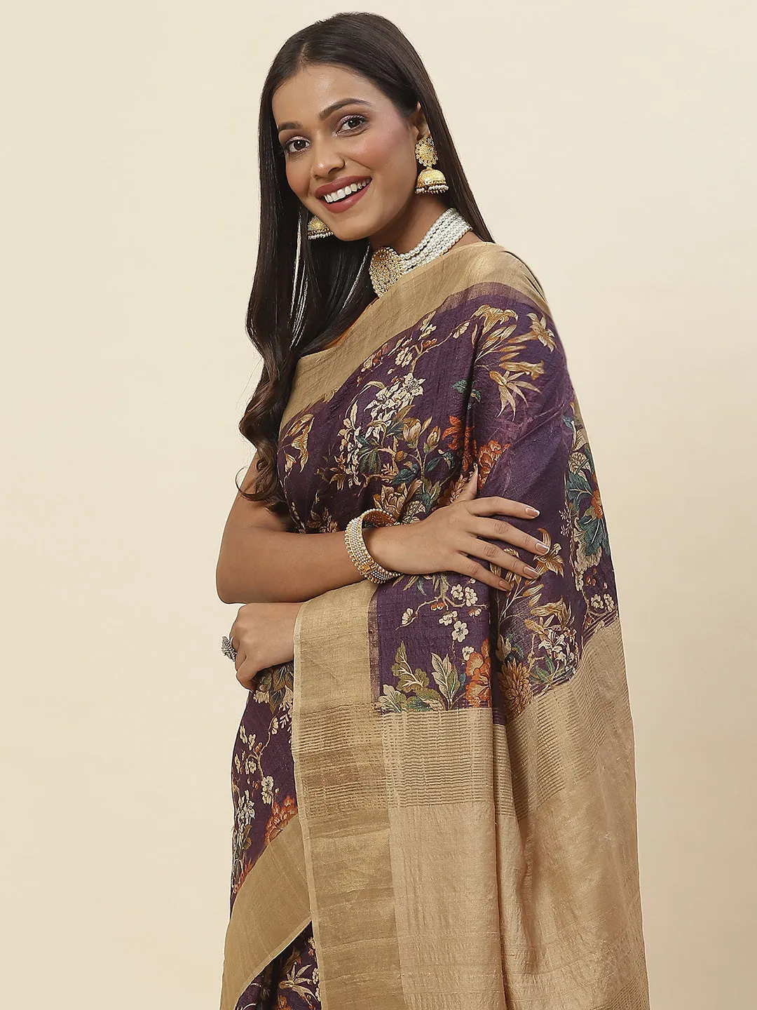 Digital Floral Printed Tussar Saree