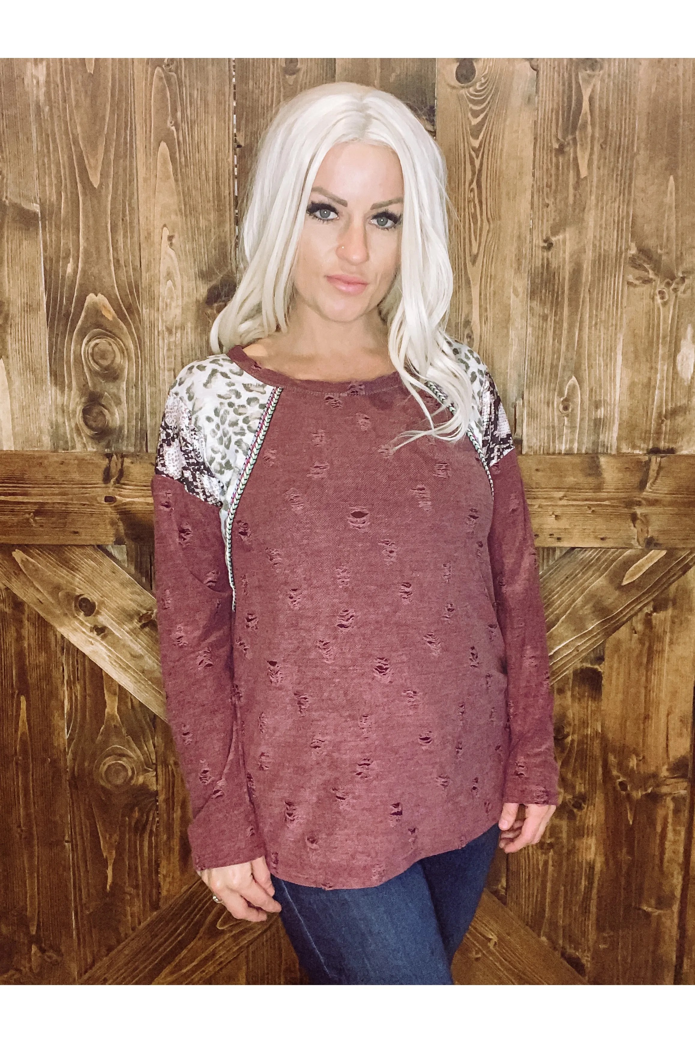 Distressed Knit Print Top