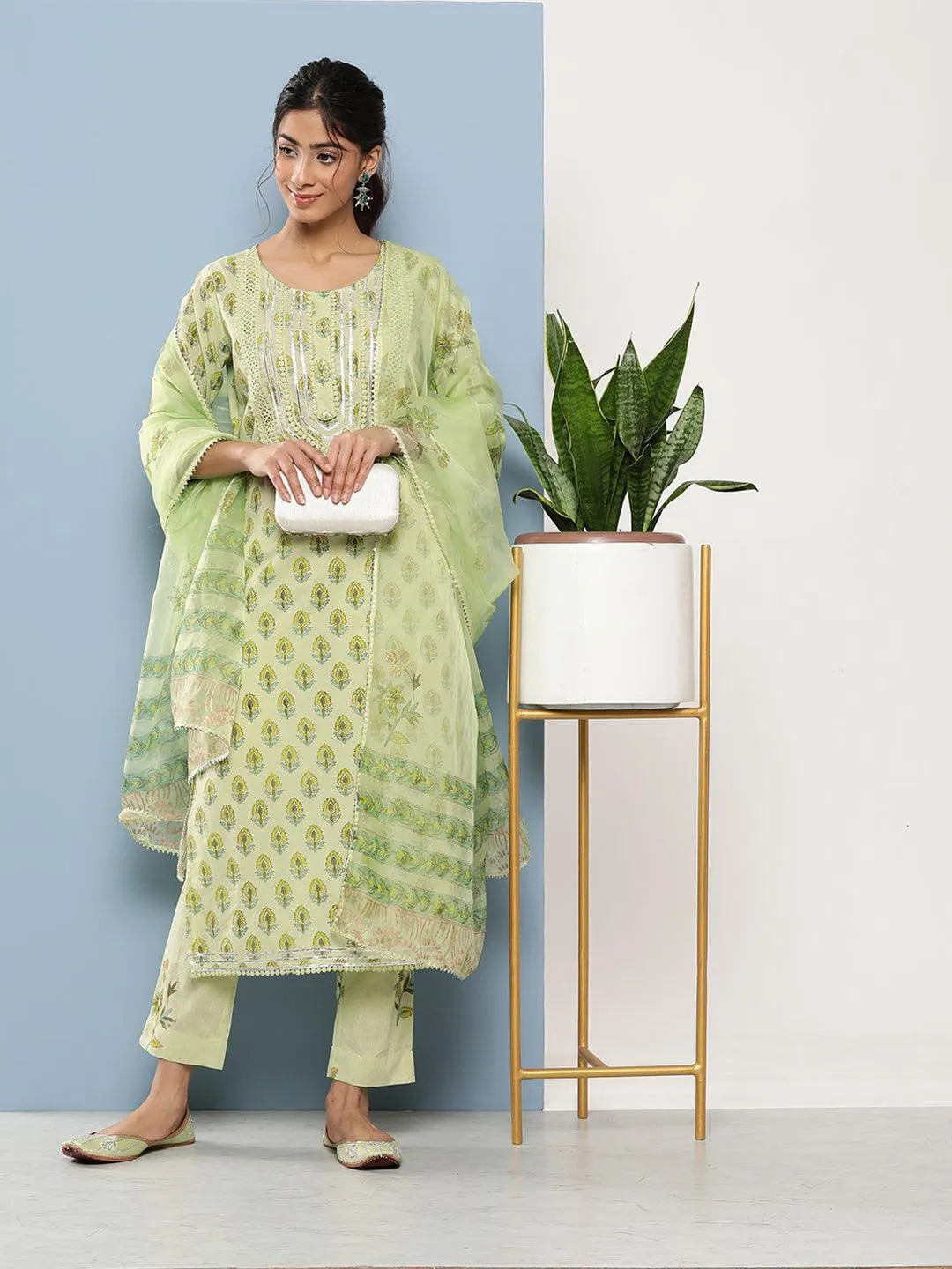 Divena Green Cotton Straight pant set with Organza Dupatta