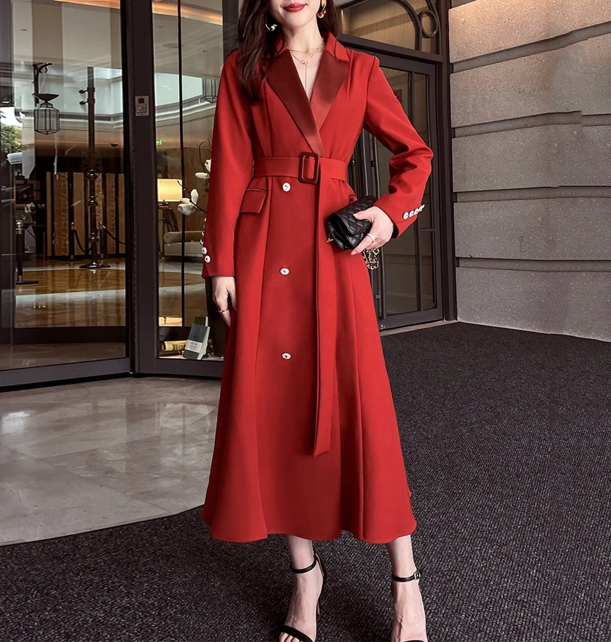 Double Breasted Fit & Flare Belted Red Coat