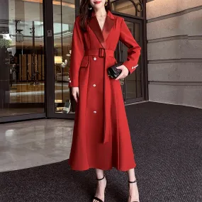 Double Breasted Fit & Flare Belted Red Coat