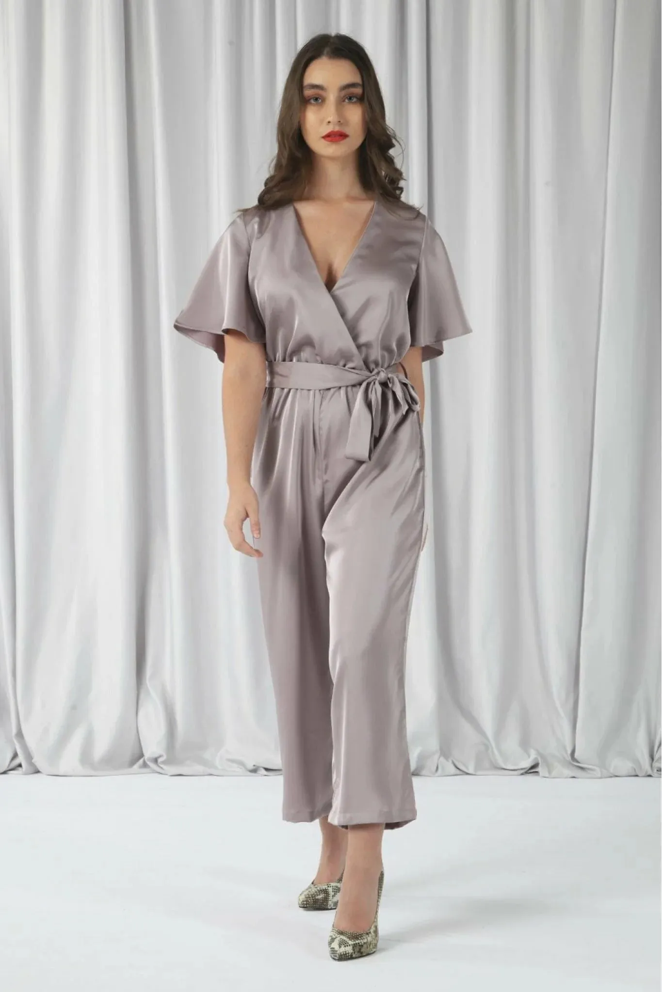 Double Second Lilac Wrap Front Satin Jumpsuit